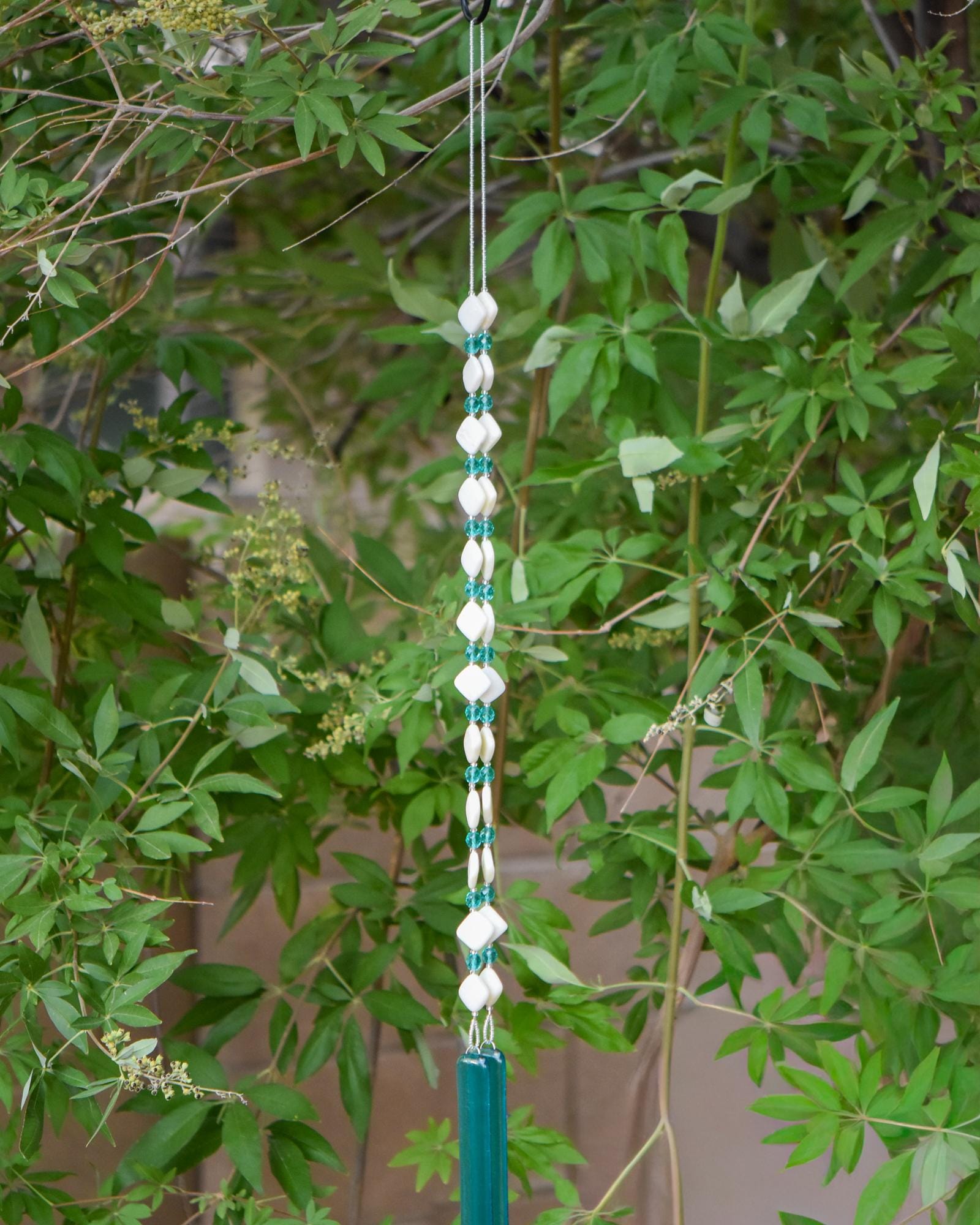 Long Glass and Stone Wind Chime: New Jade Stone and Caribbean Blue Fused Glass, 31" Long