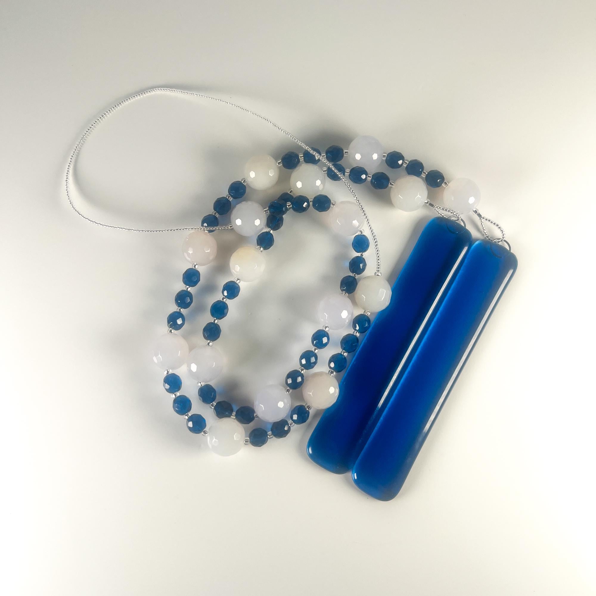 Milky Quartz Stone Wind Chime - Dark Aqua Blue Fused Glass, 31" Long Patio Decor