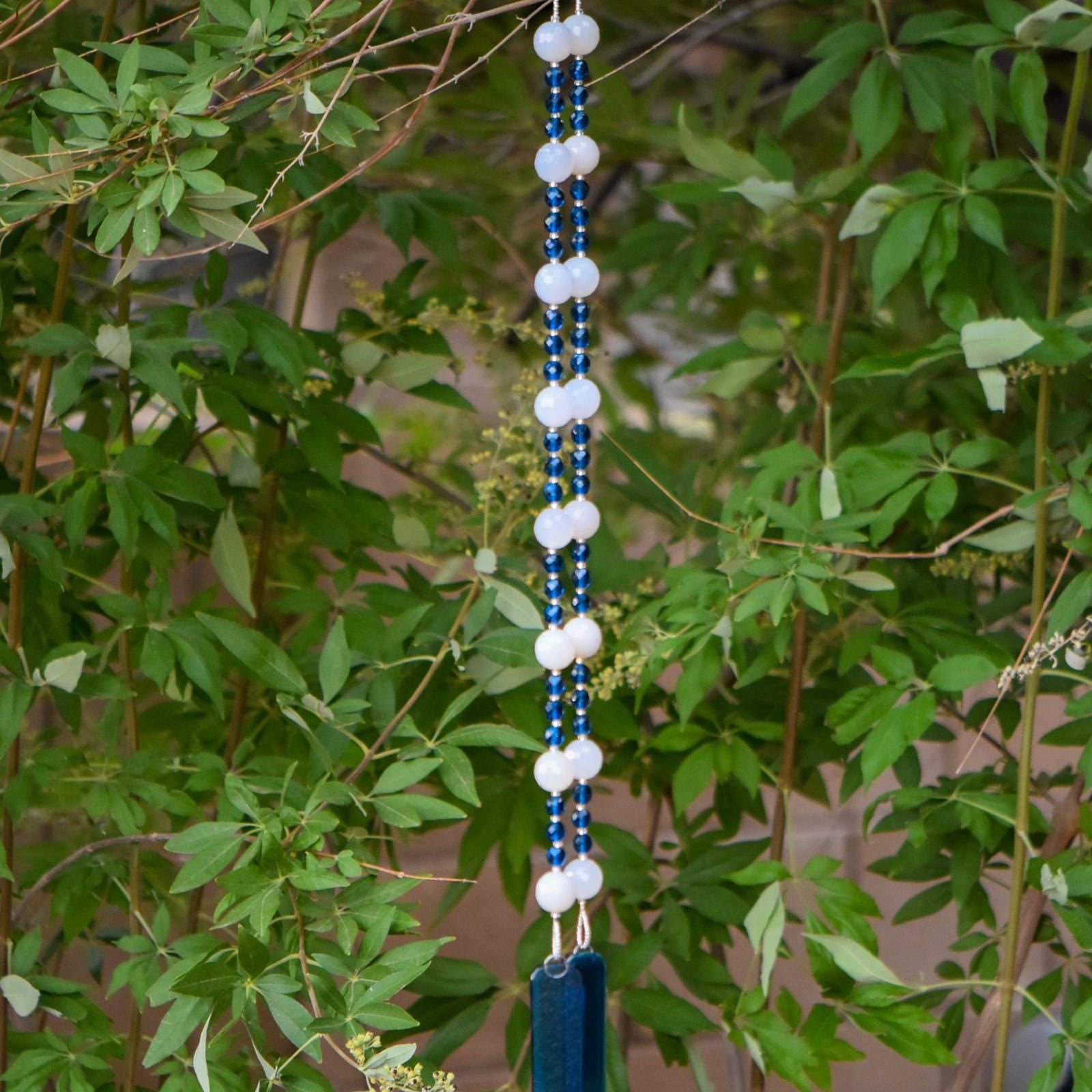 Milky Quartz Stone Wind Chime - Dark Aqua Blue Fused Glass, 31" Long Patio Decor