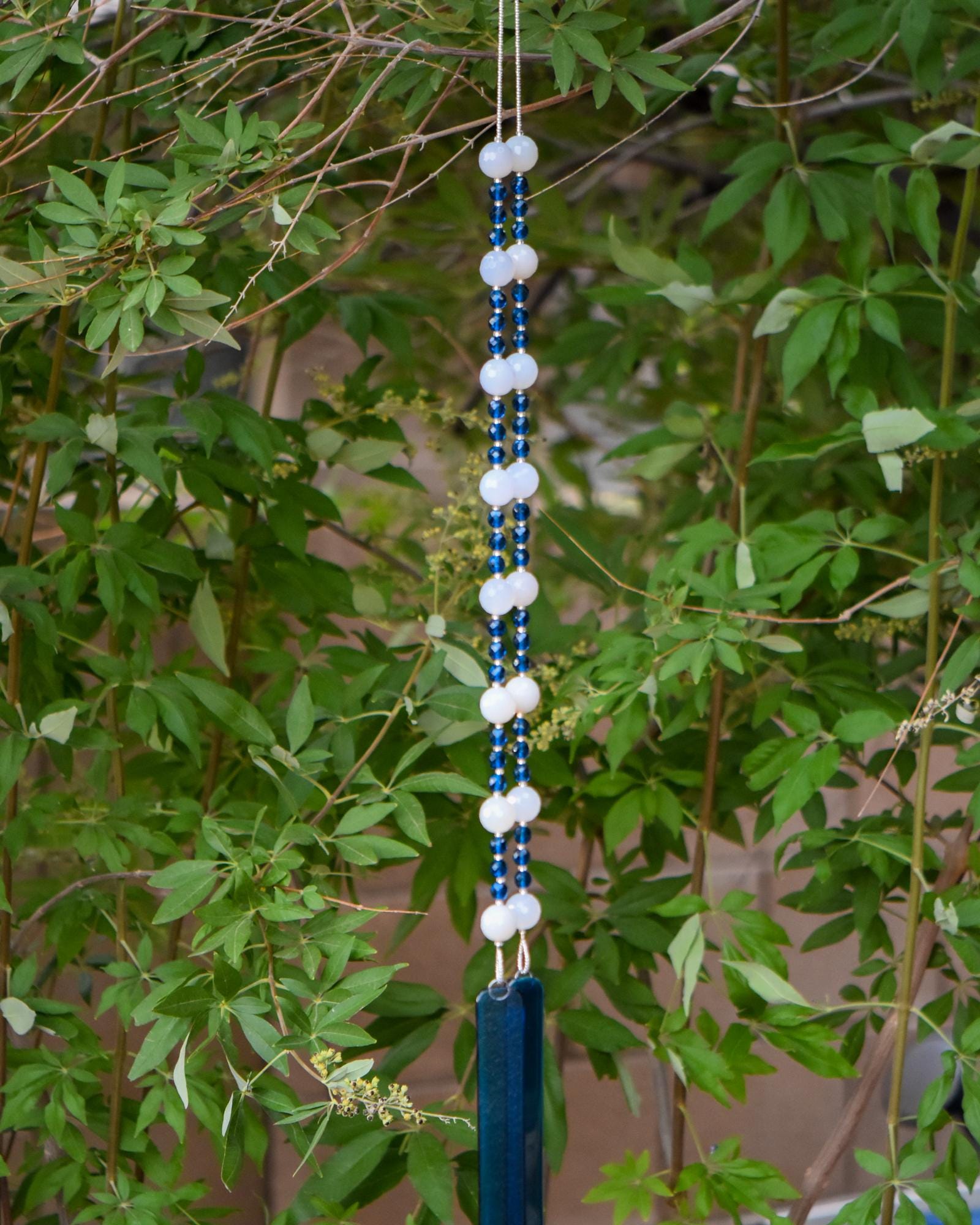 Milky Quartz Stone Wind Chime - Dark Aqua Blue Fused Glass, 31" Long Patio Decor