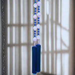 Milky Quartz Stone Wind Chime - Dark Aqua Blue Fused Glass, 31" Long Patio Decor