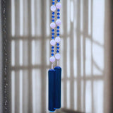 Milky Quartz Stone Wind Chime - Dark Aqua Blue Fused Glass, 31" Long Patio Decor