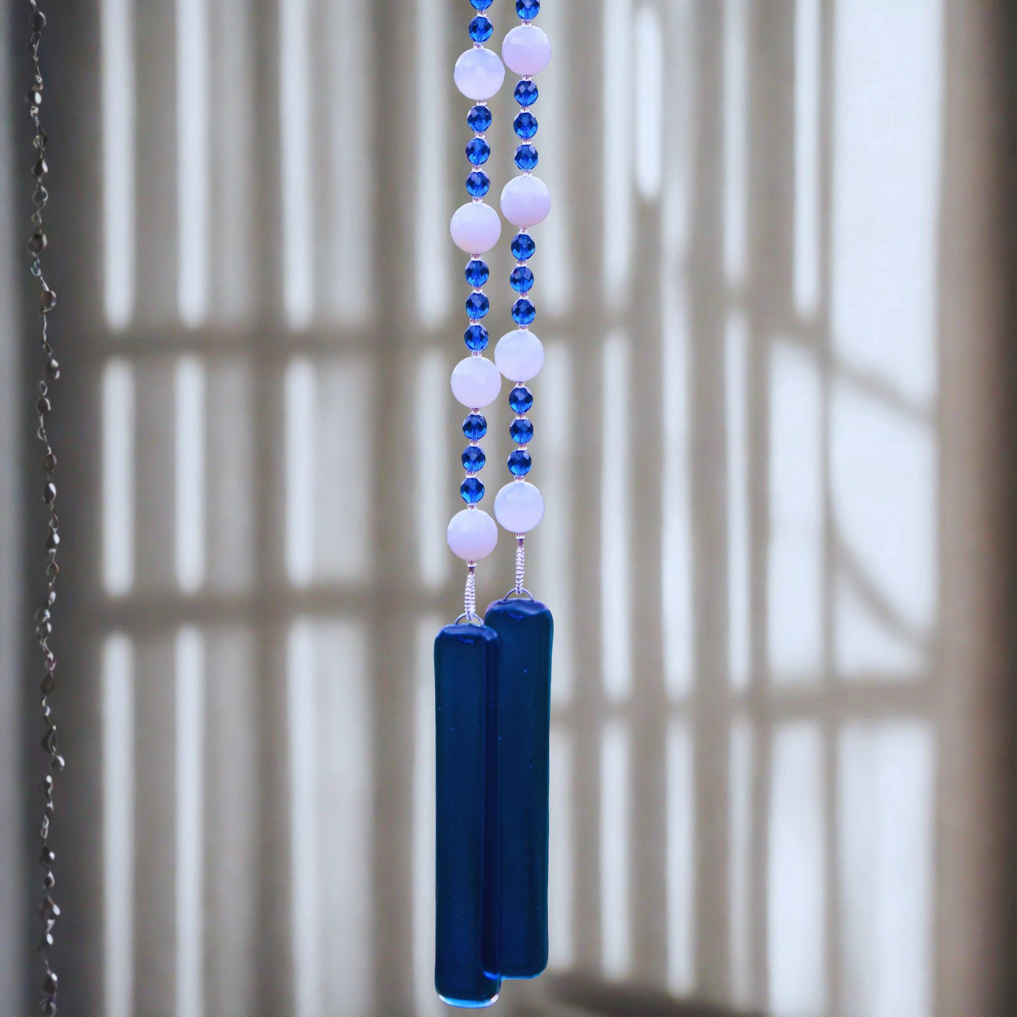 Milky Quartz Stone Wind Chime - Dark Aqua Blue Fused Glass, 31" Long Patio Decor