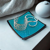 Teal Green Decorative Tray: Fused Glass, 6" Square with Black Trim and Base, Sloped Corners