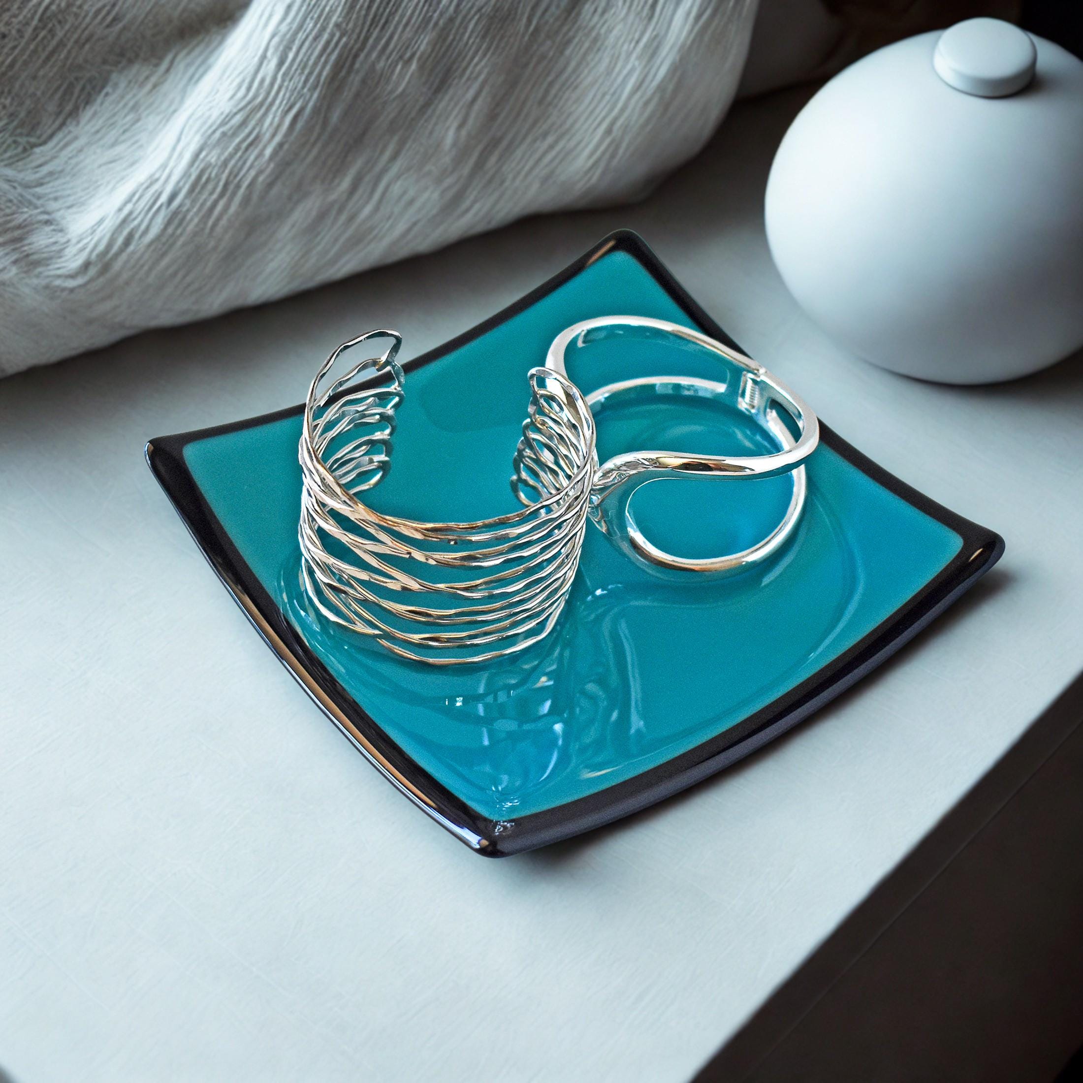 Teal Green Decorative Tray: Fused Glass, 6" Square with Black Trim and Base, Sloped Corners