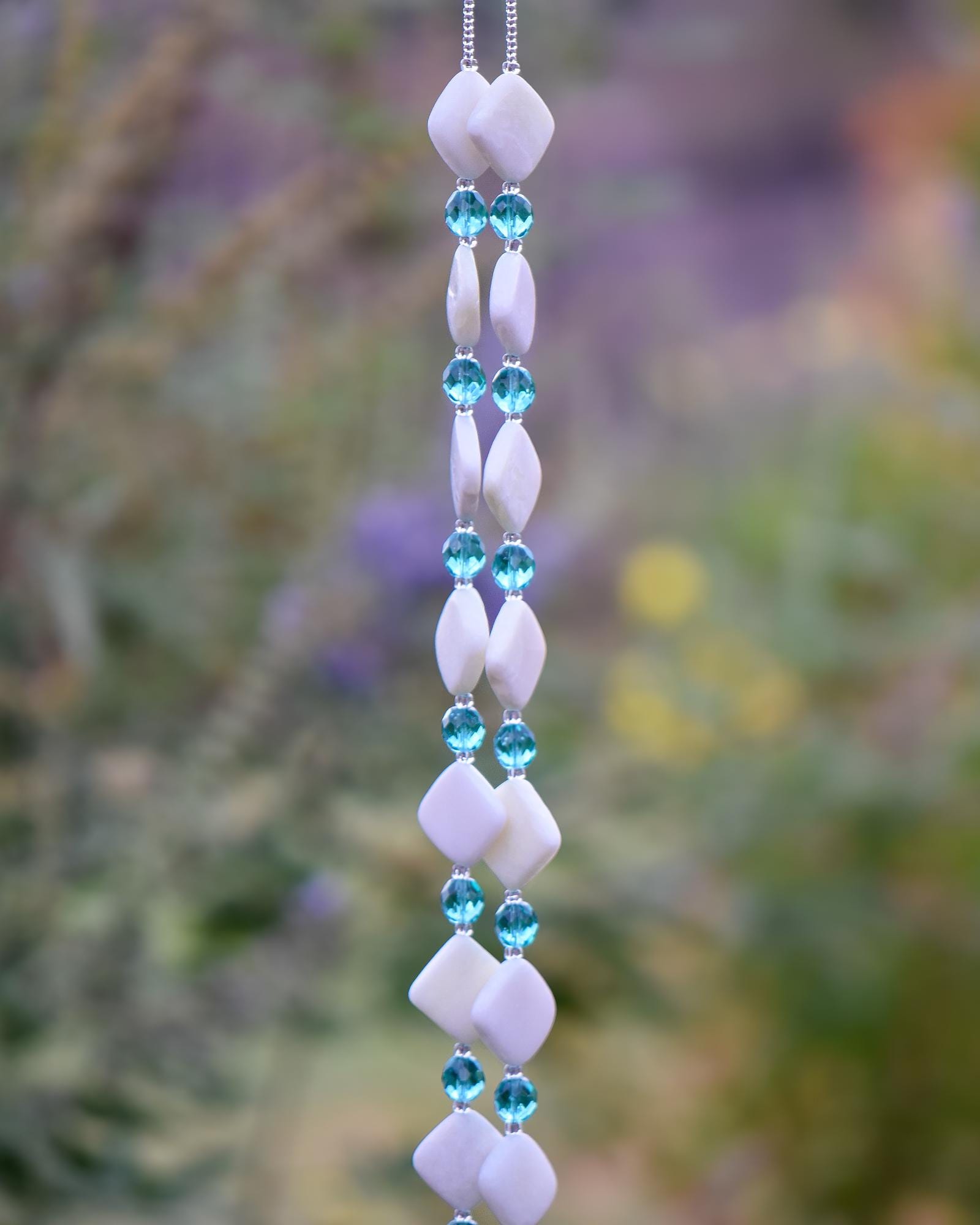 Long Glass and Stone Wind Chime: New Jade Stone and Caribbean Blue Fused Glass, 31" Long