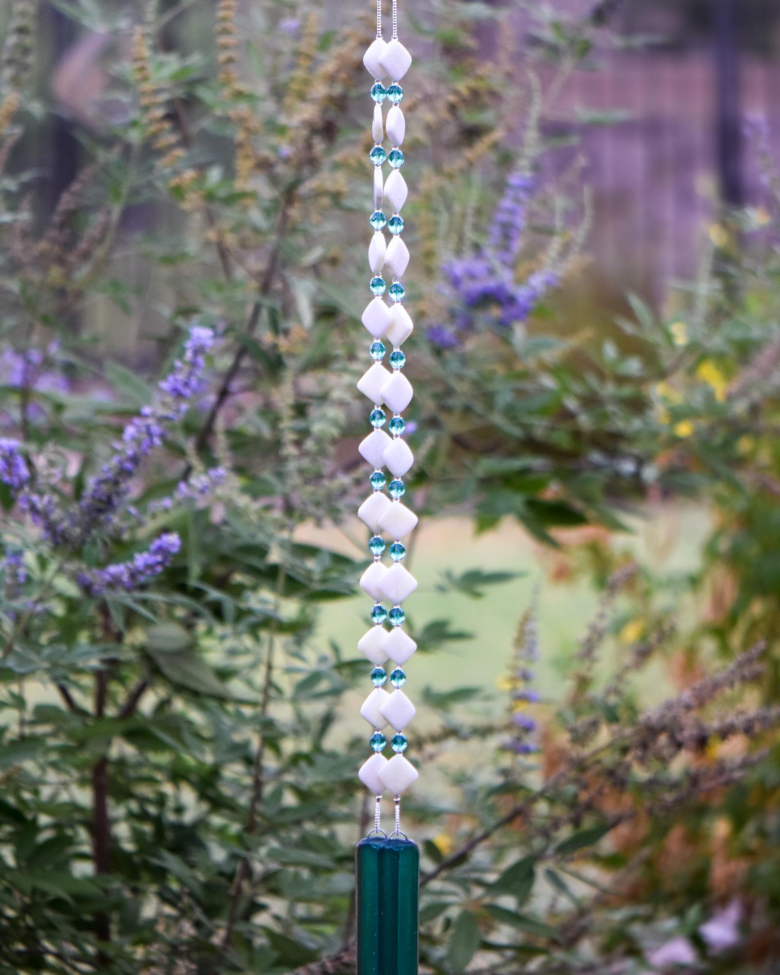 Long Glass and Stone Wind Chime: New Jade Stone and Caribbean Blue Fused Glass, 31" Long