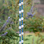 Milky Quartz Stone Wind Chime - Dark Aqua Blue Fused Glass, 31" Long Patio Decor