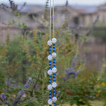 Milky Quartz Stone Wind Chime - Dark Aqua Blue Fused Glass, 31" Long Patio Decor