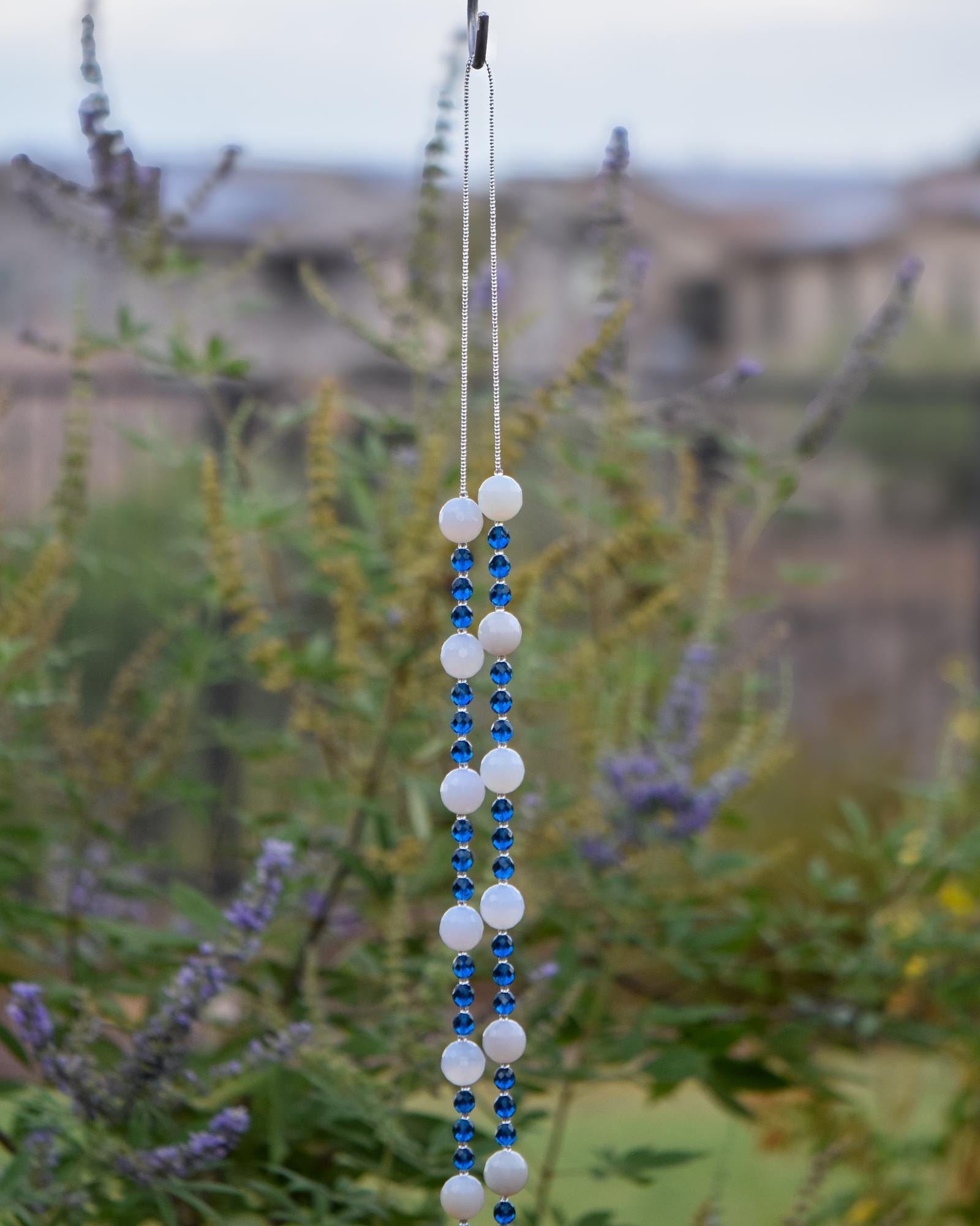Milky Quartz Stone Wind Chime - Dark Aqua Blue Fused Glass, 31" Long Patio Decor