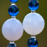 Milky Quartz Stone Wind Chime - Dark Aqua Blue Fused Glass, 31" Long Patio Decor