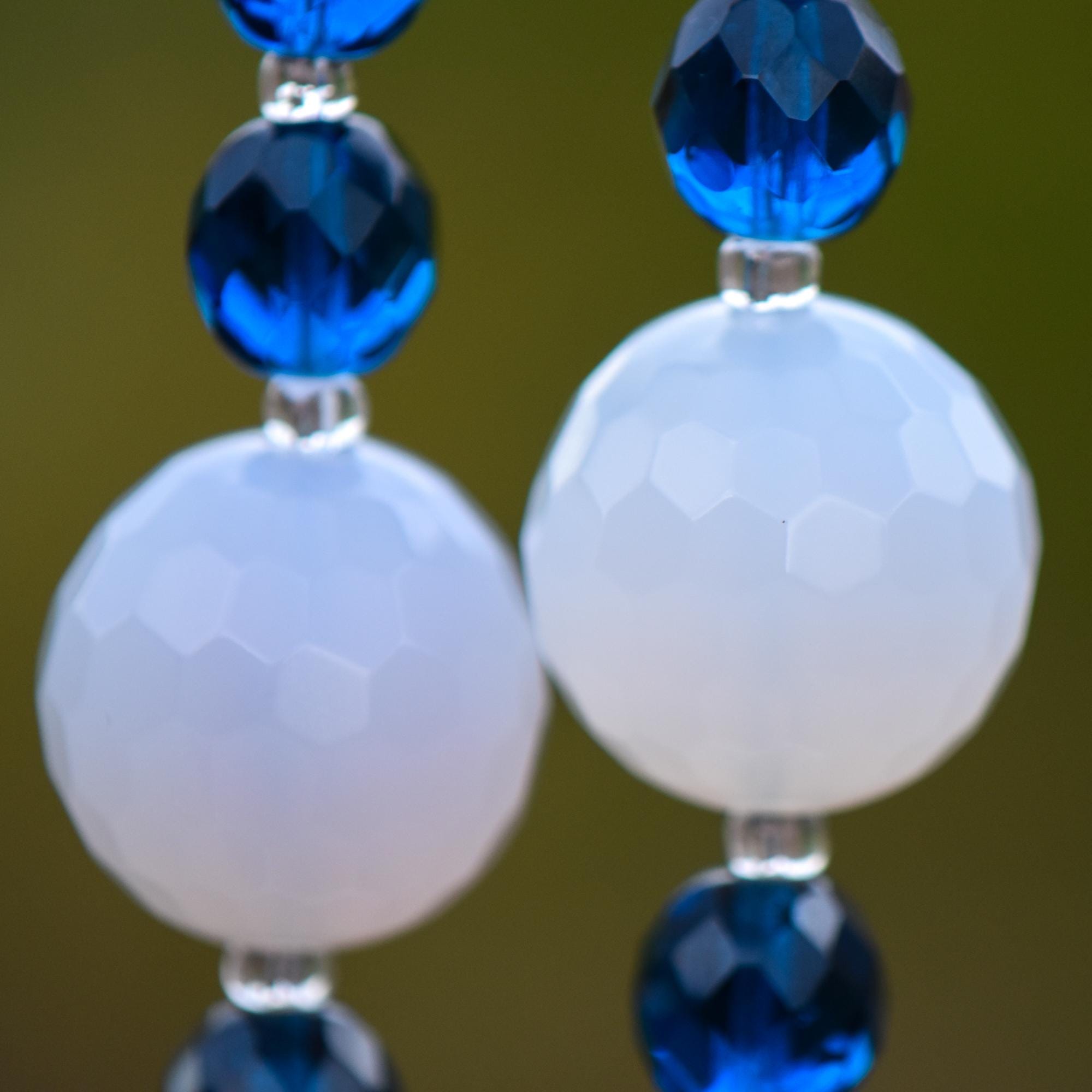 Milky Quartz Stone Wind Chime - Dark Aqua Blue Fused Glass, 31" Long Patio Decor
