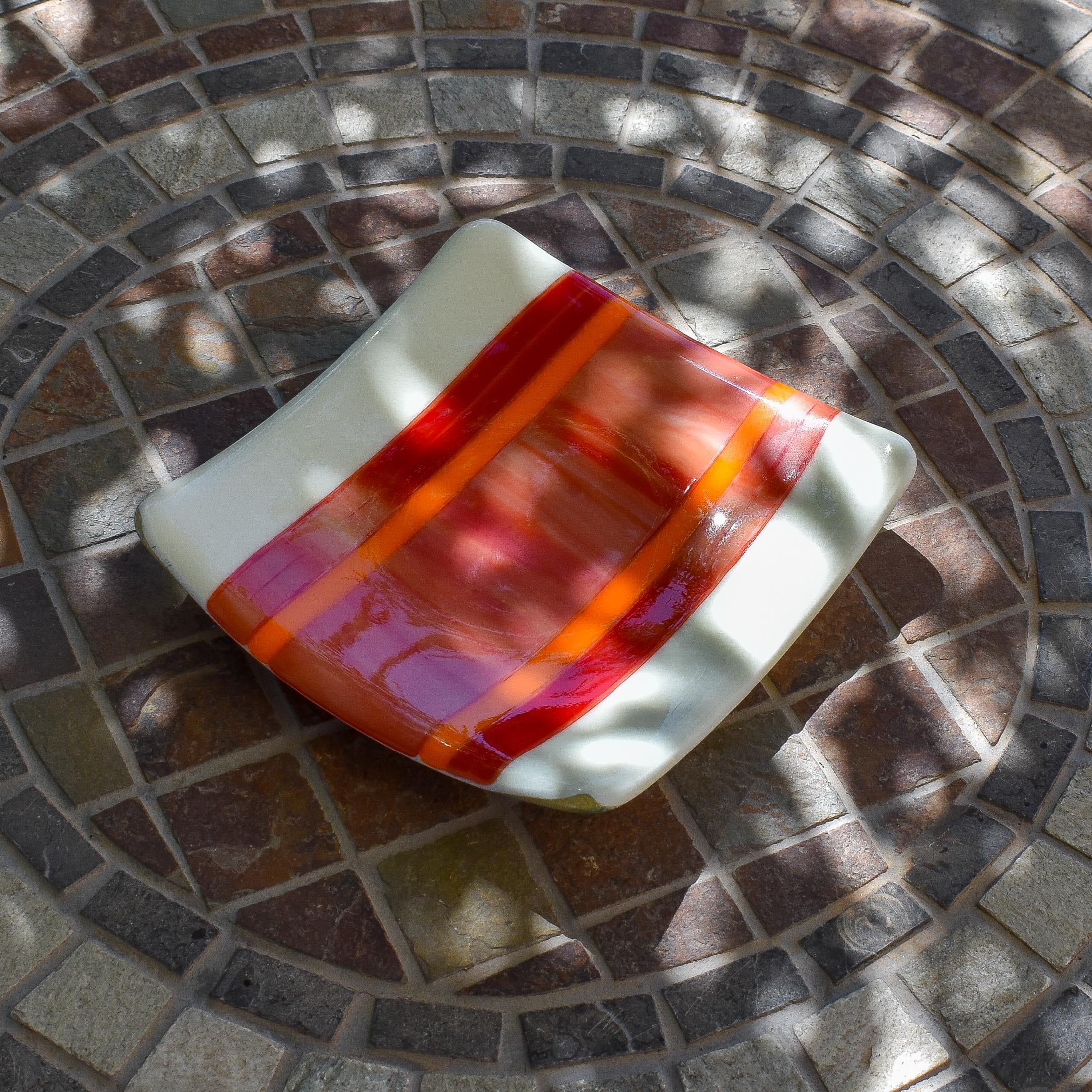 Orange & Red Striped Fused Glass Tray – 6" Square Trinket Dish