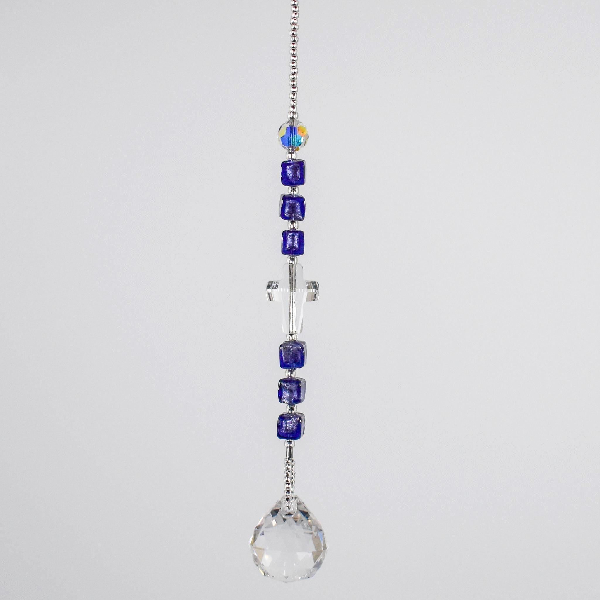 Versatile Purple Sun Catcher with Murano Glass and Crystal Cross – Car Charm, Home & Garden Décor - Christian Spiritual Gift
