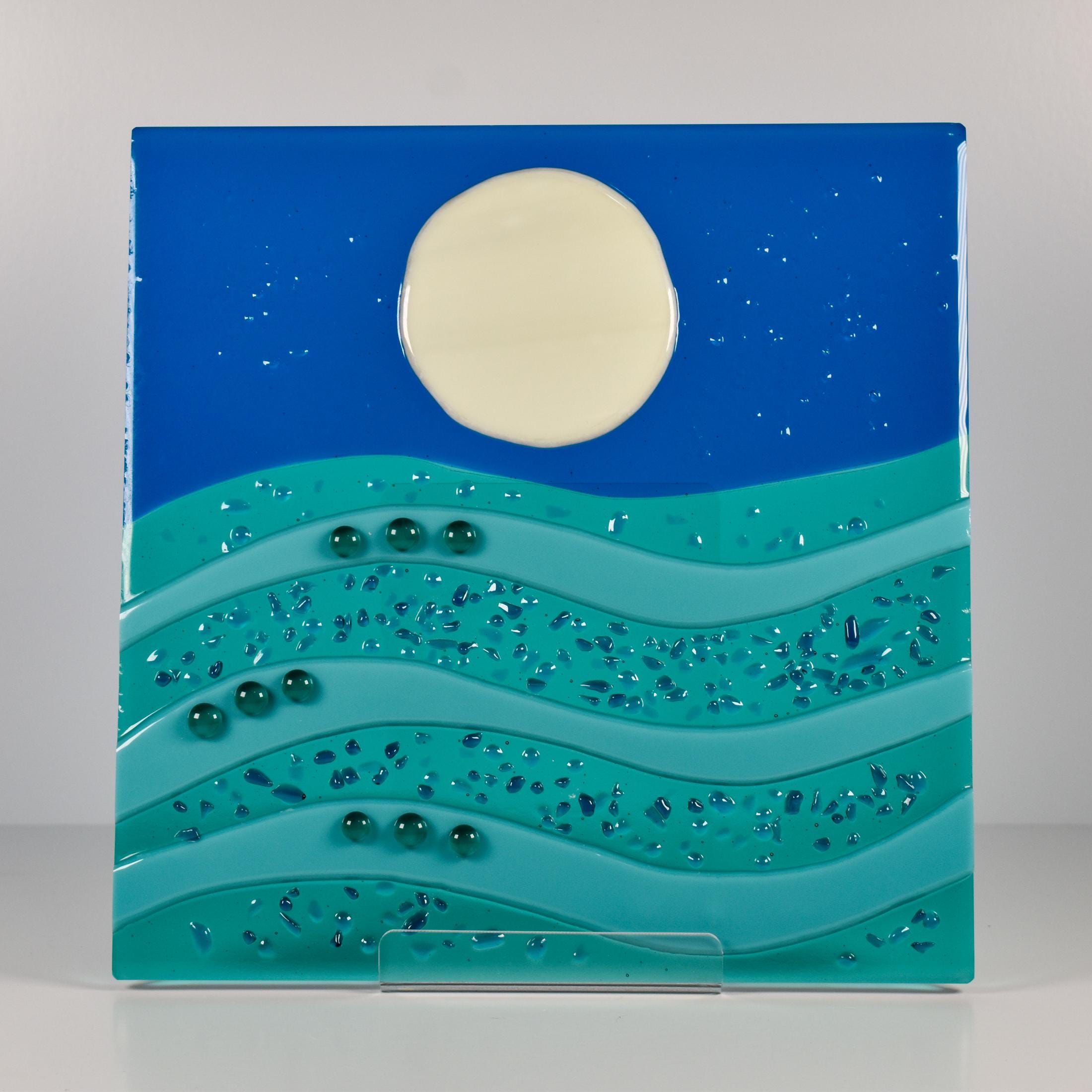 Large Fused Glass Panel with Stand - "Moon Over Waves" - 10"x10"