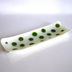 Rectangular glass tray with channel shape, 12 inches long, against white background. Tray has green and yellow accents fused into the glass that look like lime slices.