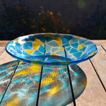 Handcrafted Fused Glass Bowl – Transparent Blues with Yellow Accents – One of a Kind Table Centerpiece - Housewarming, Wedding Gift