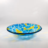 Glass Mosaic Bowl – Transparent Blues with Yellow Accents - 9"
