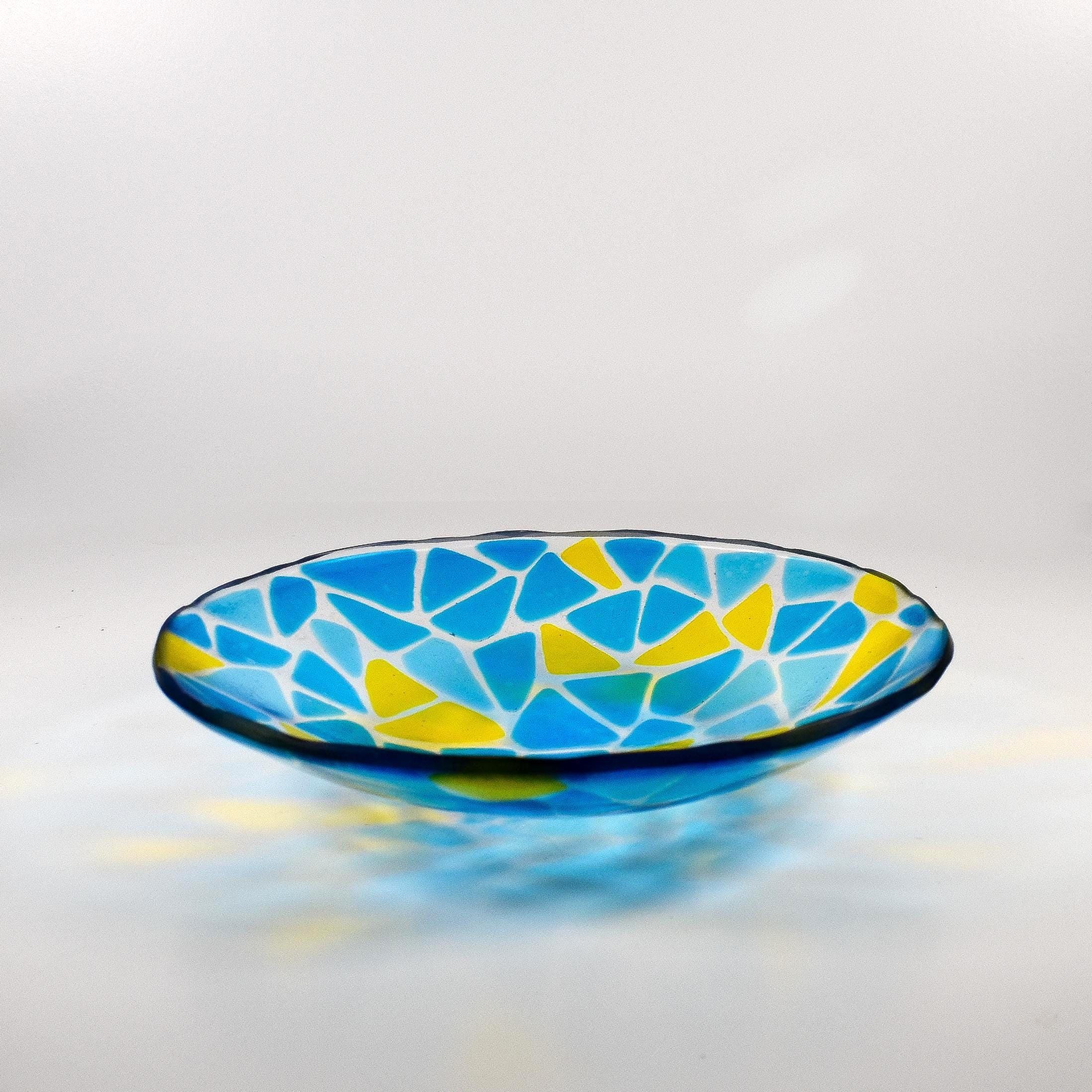 Glass Mosaic Bowl – Transparent Blues with Yellow Accents - 9"