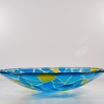 Handcrafted Fused Glass Bowl – Transparent Blues with Yellow Accents – One of a Kind Table Centerpiece - Housewarming, Wedding Gift
