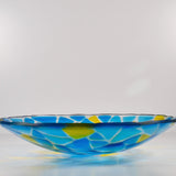Handcrafted Fused Glass Bowl – Transparent Blues with Yellow Accents – One of a Kind Table Centerpiece - Housewarming, Wedding Gift