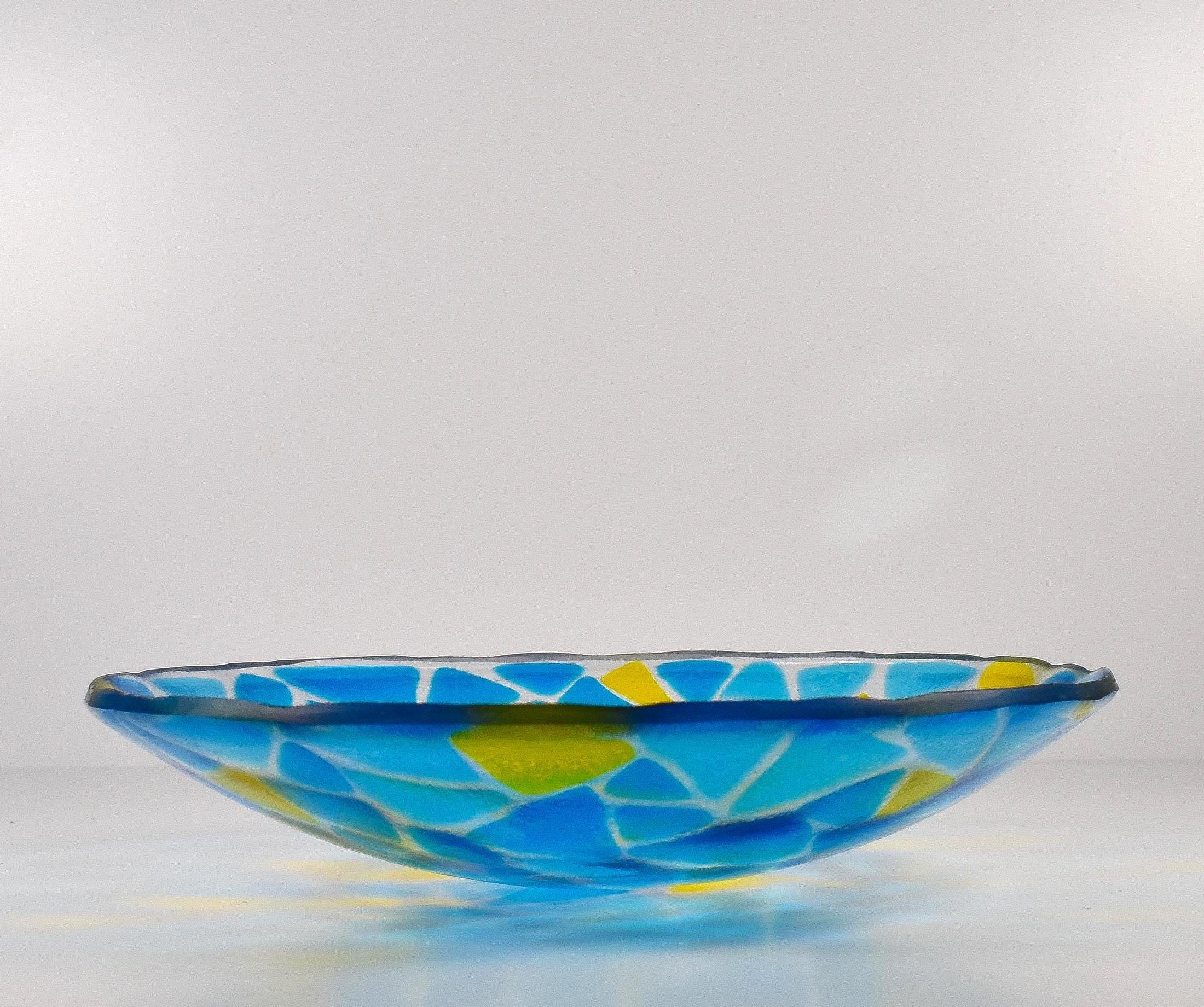 Handcrafted Fused Glass Bowl – Transparent Blues with Yellow Accents – One of a Kind Table Centerpiece - Housewarming, Wedding Gift