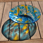 Handcrafted Fused Glass Bowl – Transparent Blues with Yellow Accents – One of a Kind Table Centerpiece - Housewarming, Wedding Gift