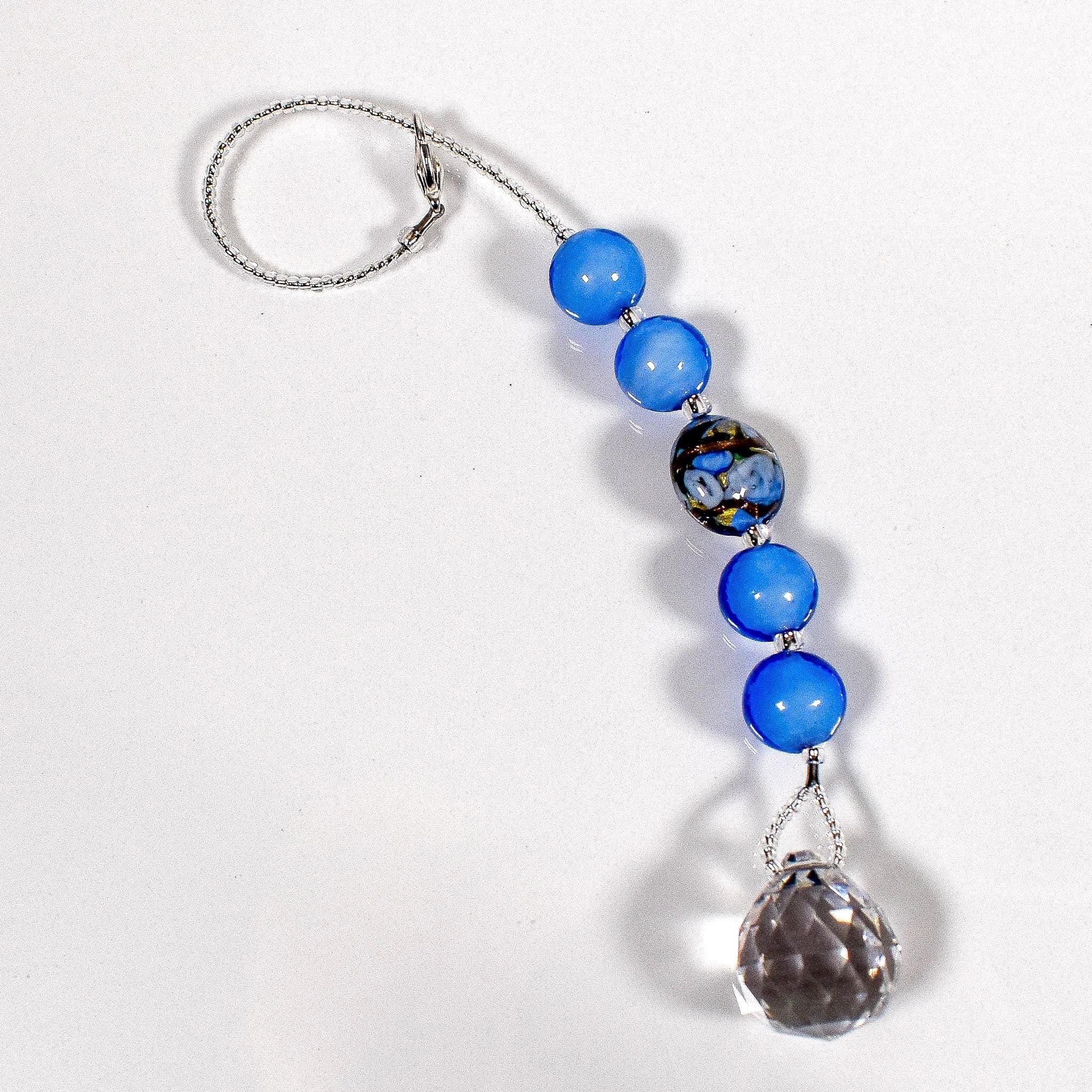 Blue Glass Sun Catcher Car Charm: Murano Glass with Bronze and Gold Foil, Crystal Prism, 9" Long