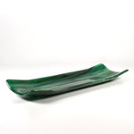 Front view of a 12-inch green fused glass channel tray with lifted sides and a smooth glossy finish on white.