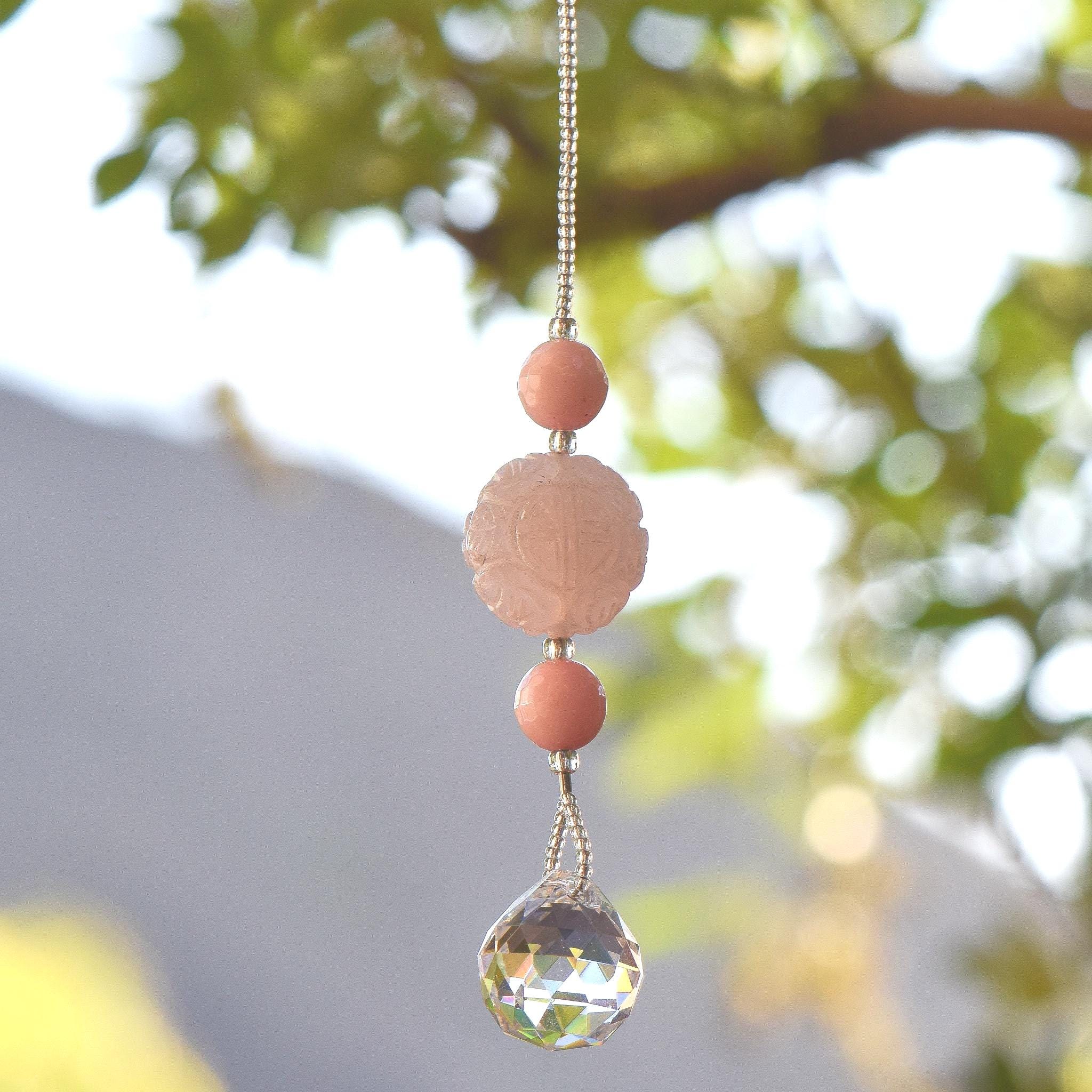 Small Handmade Rose Quartz Sun Catcher - Infuse Serenity into Your Commute - 8"