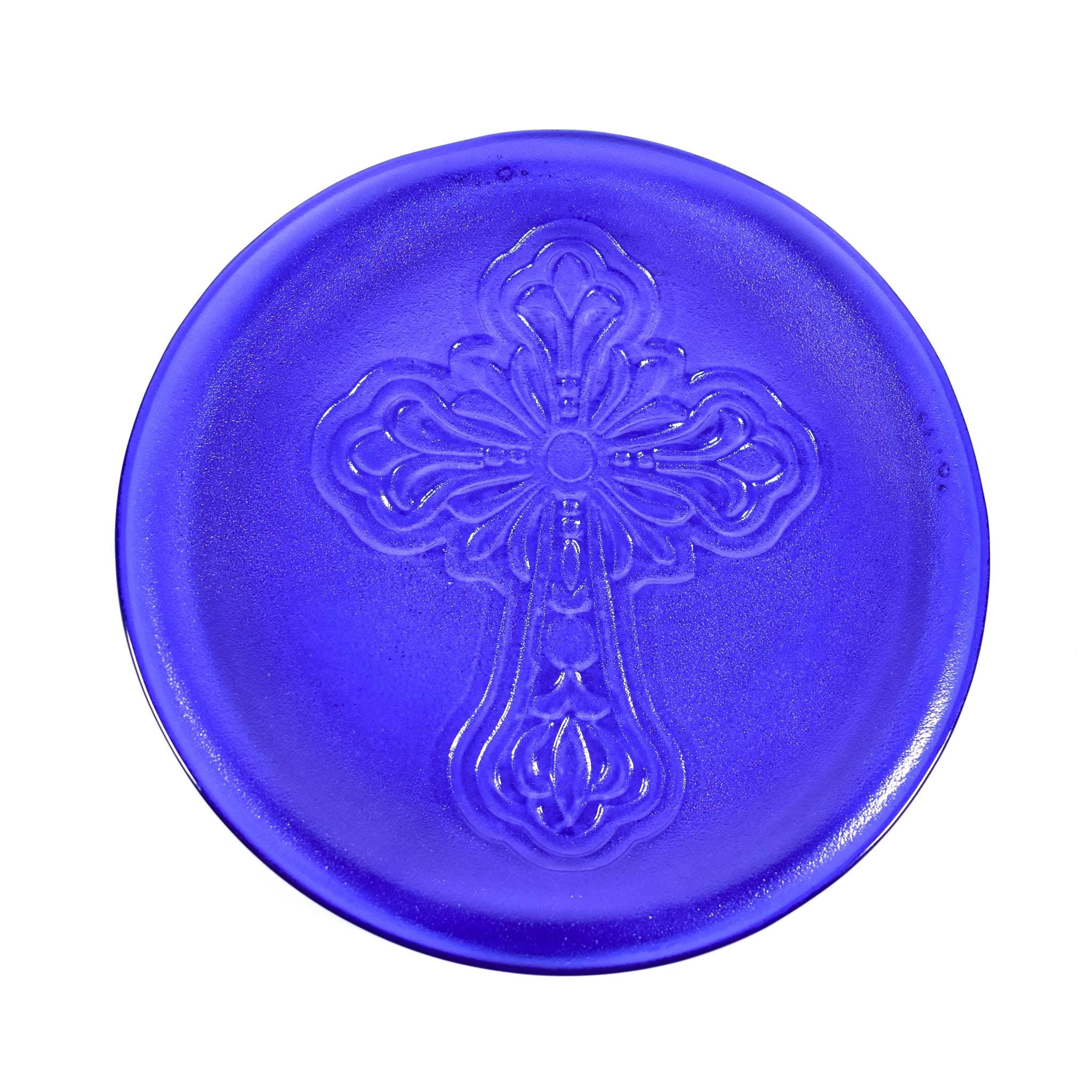 Elegant Dark Sparkling Blue Glass Platter with Intricate Cross Detail - 10"