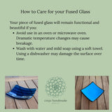 Instructions for proper care of glass items purchased from Cinjo Handmade, including avoiding temperature changes and washing by hand.