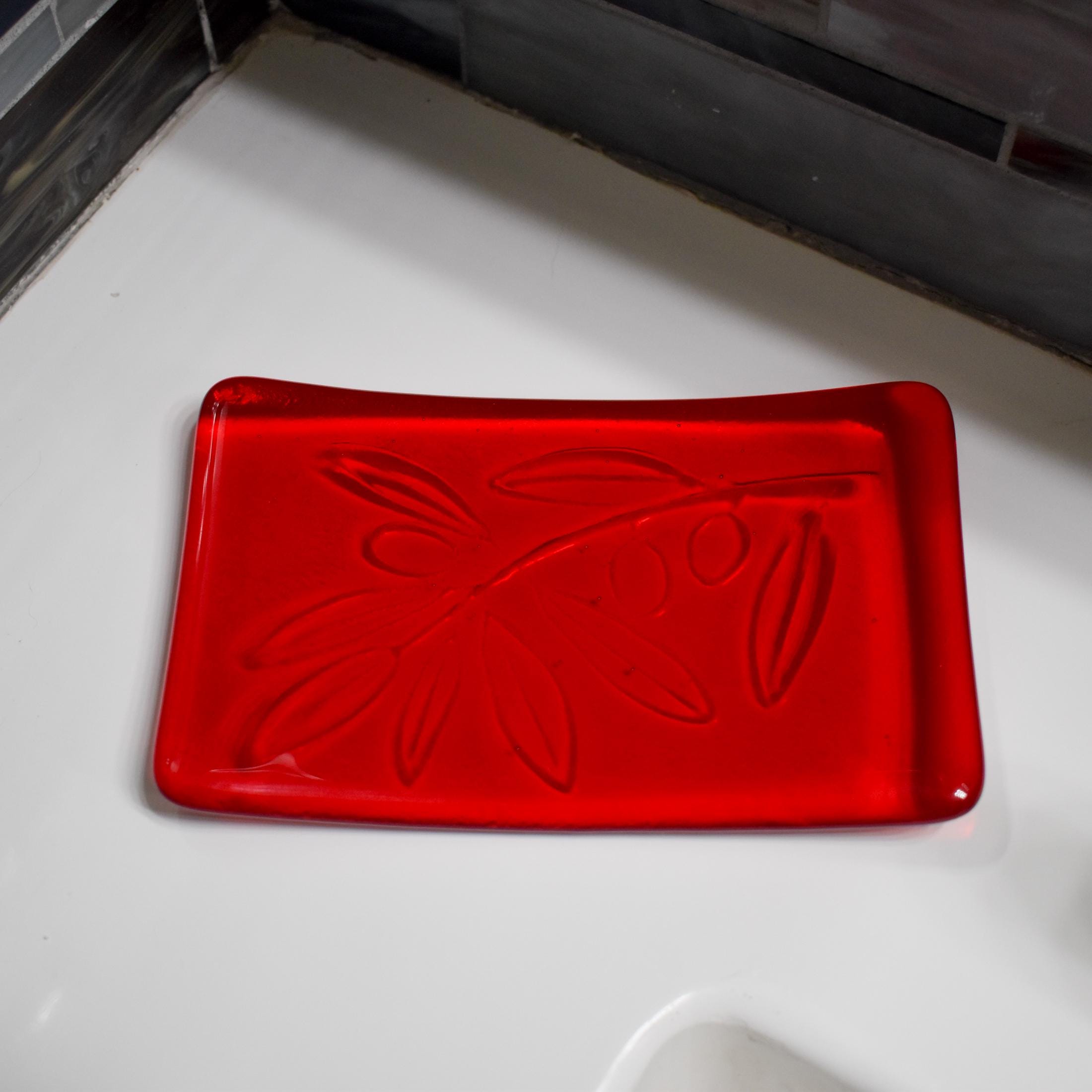 Glass Soap Dish with Olive Branch Design in Various Colors