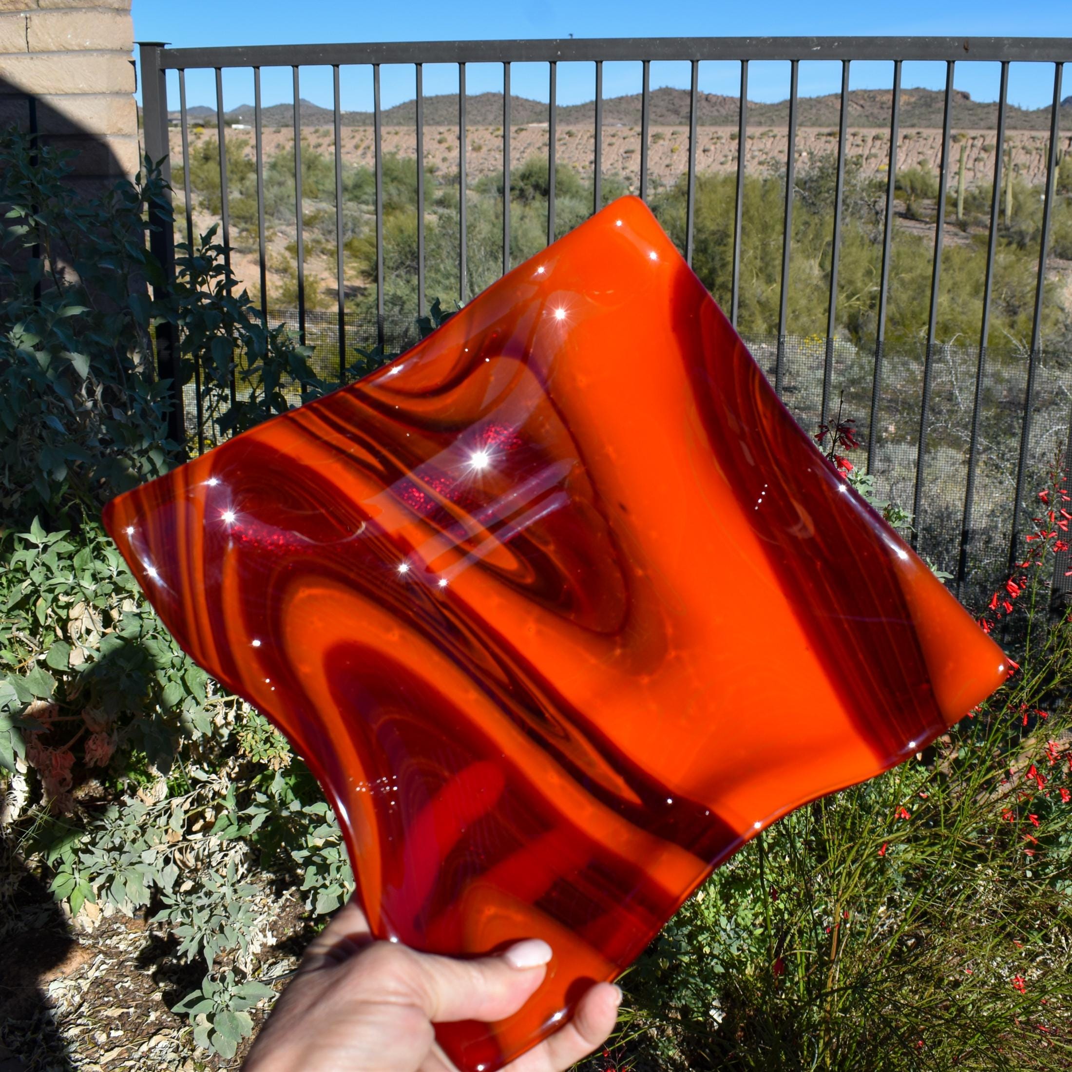 Glass Square Bowl with Foot - Transparent Cherry Red with Opaque Orange - 10"