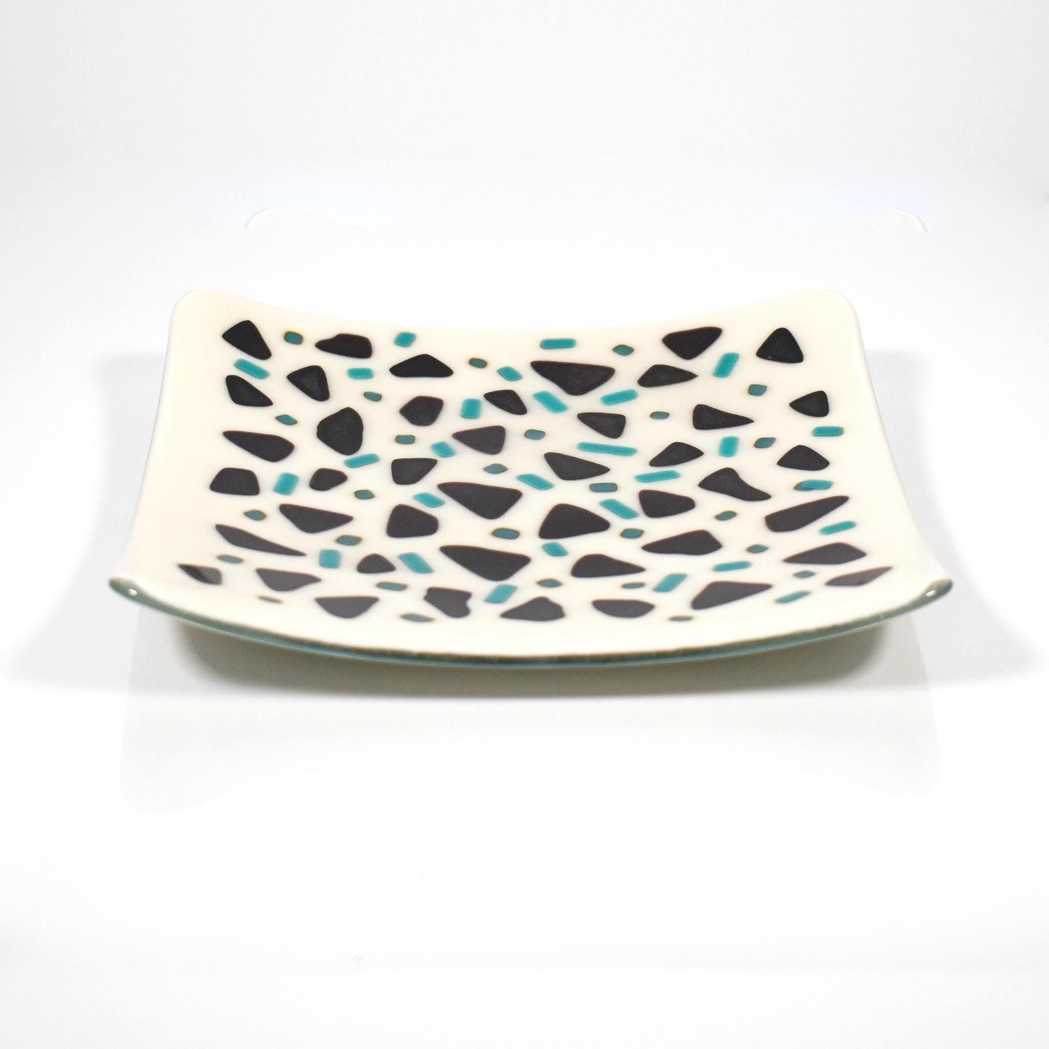 Glass Terrazzo-Style 8" Trinket Tray – Black & Turquoise Decorative Accent, Housewarming Gift, Serving Tray