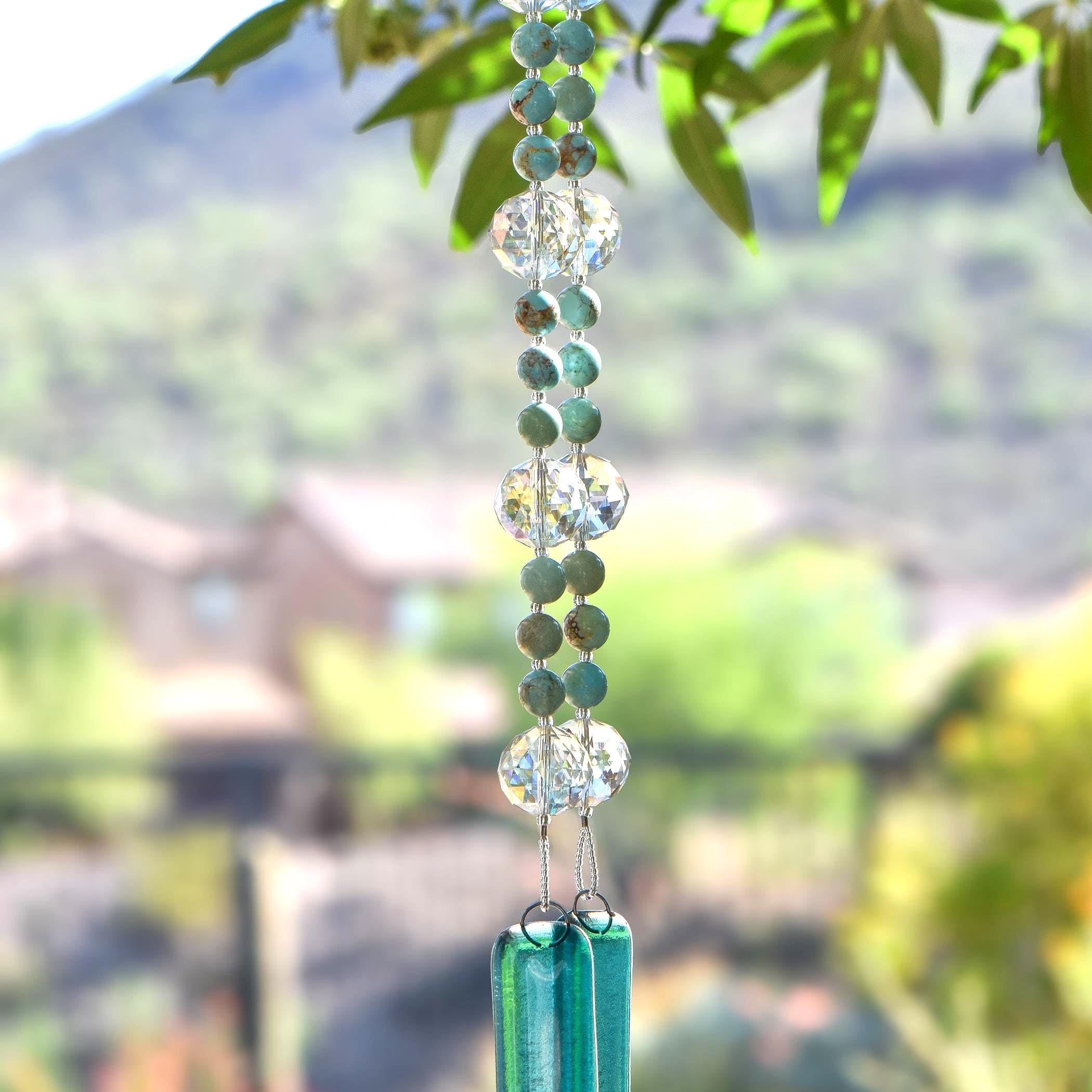 Turquoise Wind Chime: Howlite Stones, Caribbean Blue Glass, Patio Garden Art, 30" Long