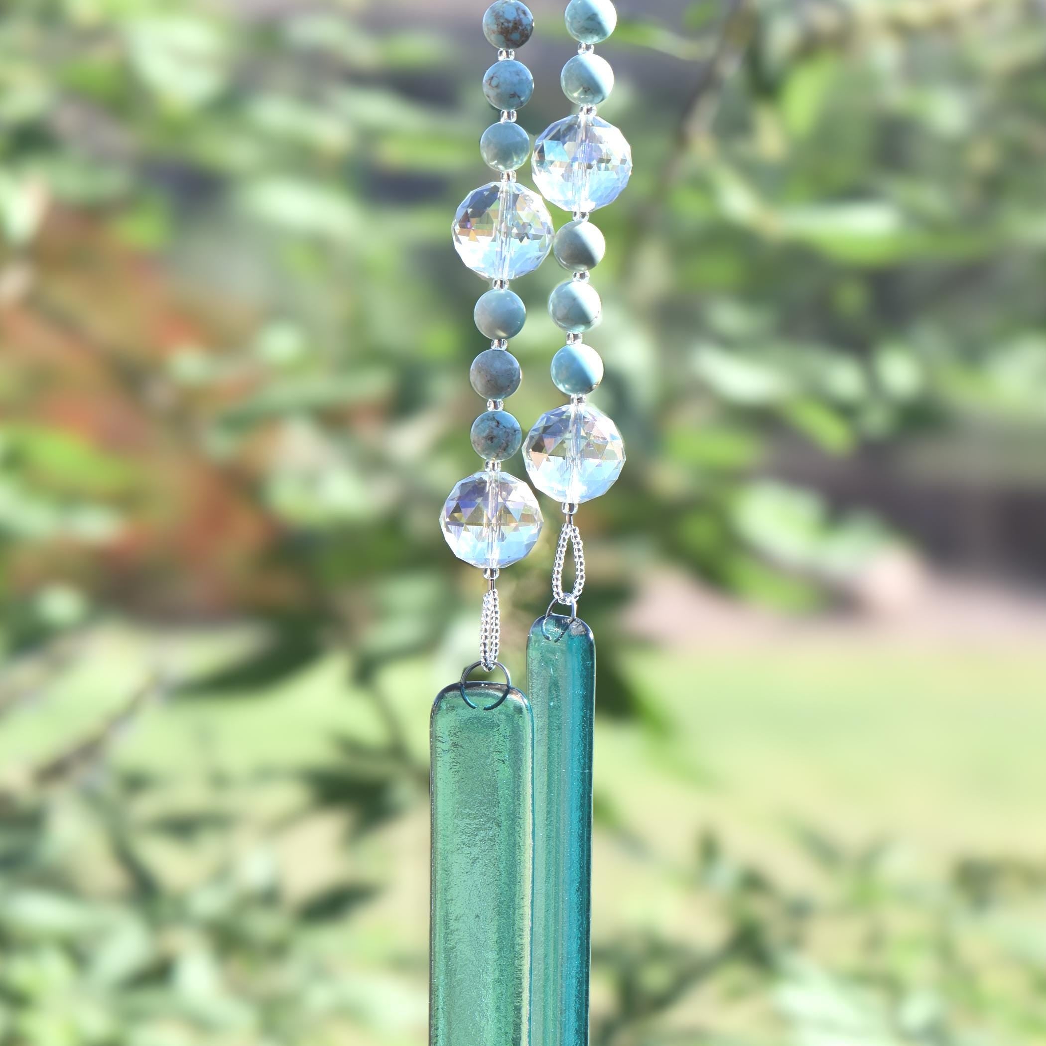 Turquoise Wind Chime: Howlite Stones, Caribbean Blue Glass, Patio Garden Art, 30" Long