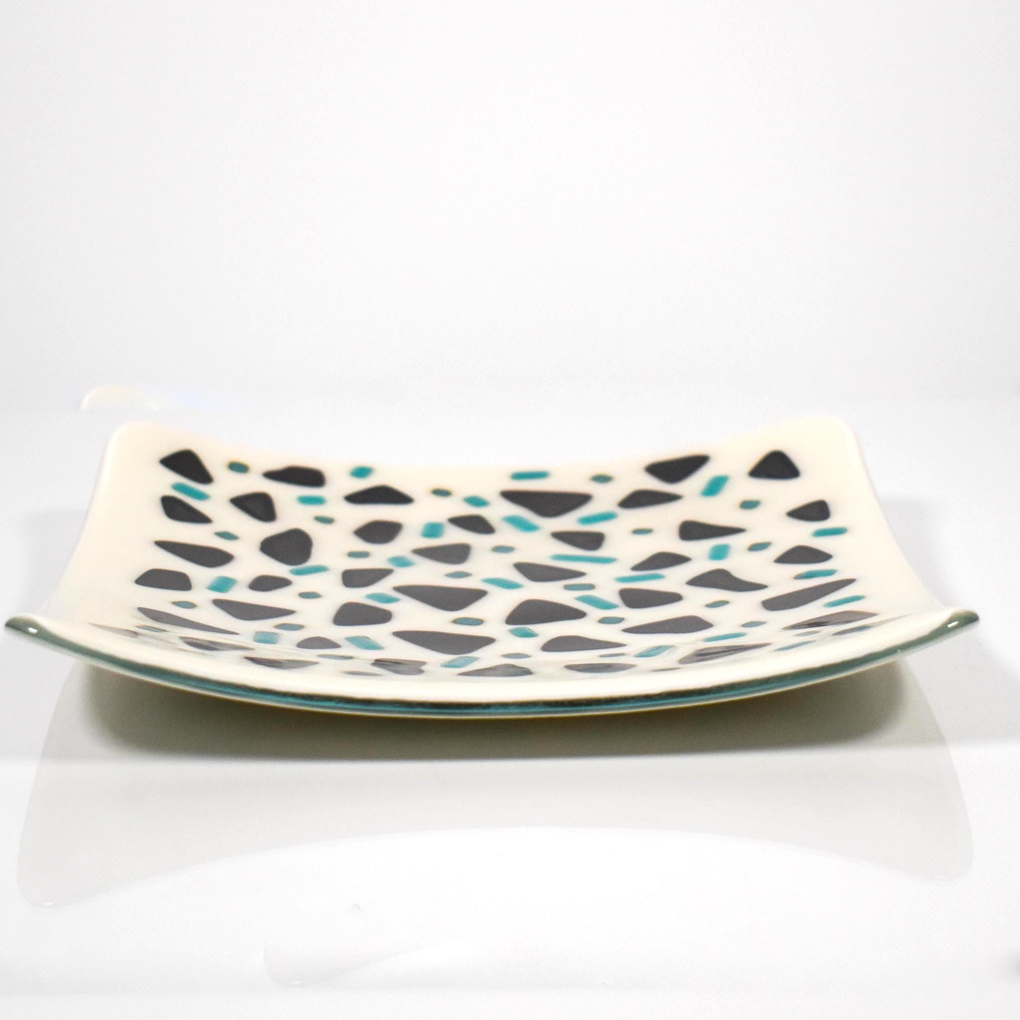 Square Glass Tray - Turquoise & Black on Cream - Terrazzo Style Mosaic - 8 inches
