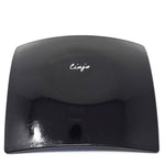 Solid black backside of 6" fused glass tray with signature of "Cinjo". On white background.
