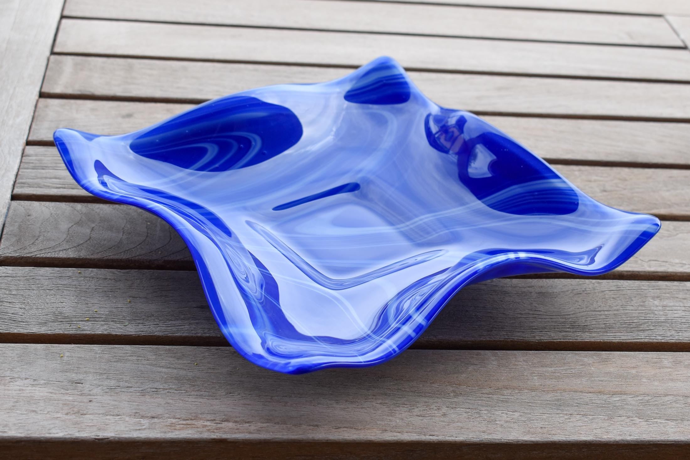 Large Wave Edge Bowl with Foot - Blue and White Swirl Fused Glass - 10" Square