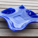 Large Wave Edge Bowl with Foot - Blue and White Swirl Fused Glass - 10" Square