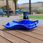 Large Wave Edge Bowl with Foot - Blue and White Swirl Fused Glass - 10" Square