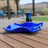 Large Wave Edge Bowl with Foot - Blue and White Swirl Fused Glass - 10" Square