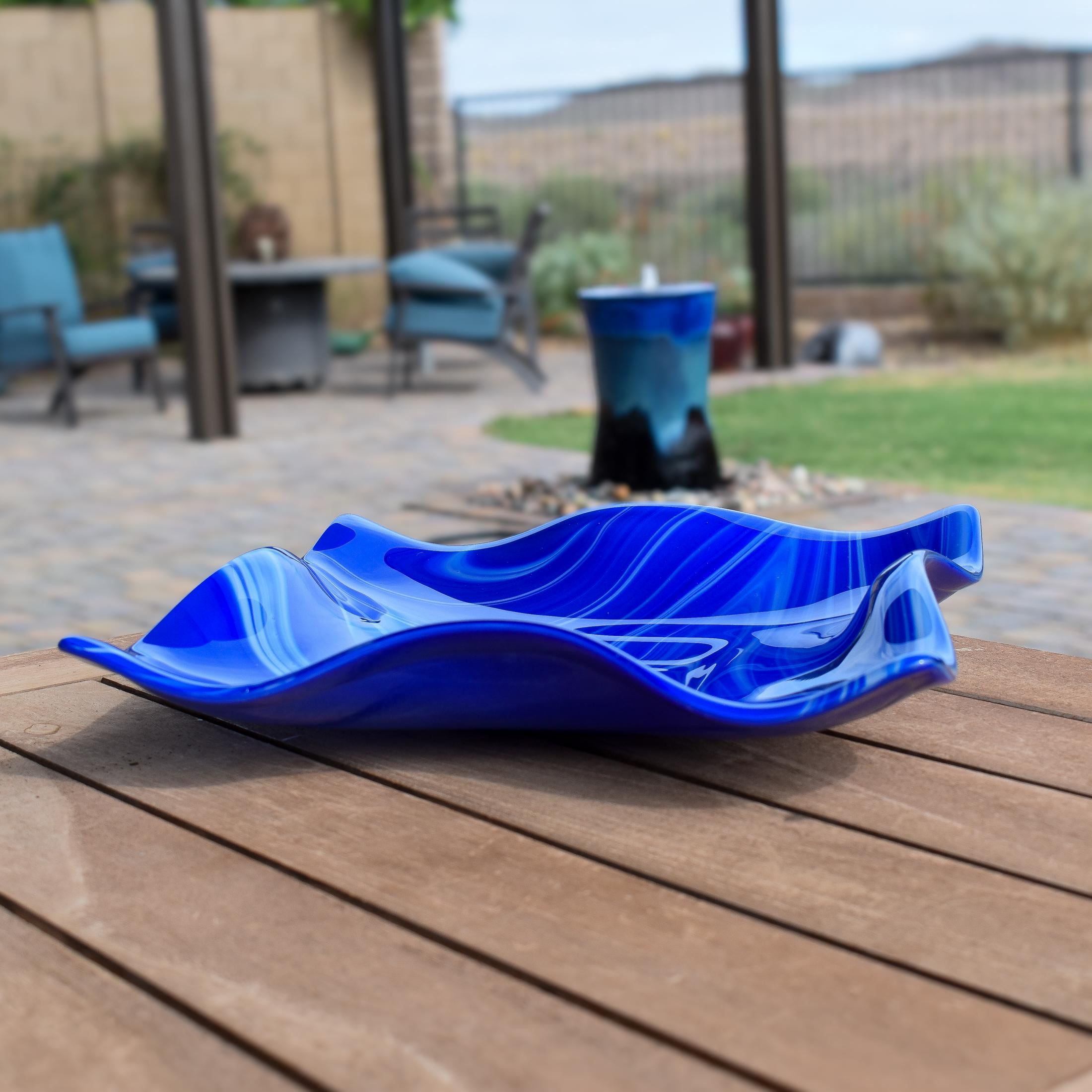 Large Wave Edge Bowl with Foot - Blue and White Swirl Fused Glass - 10" Square