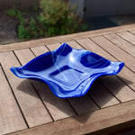 Large Wave Edge Bowl with Foot - Blue and White Swirl Fused Glass - 10" Square