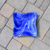 Large Wave Edge Bowl with Foot - Blue and White Swirl Fused Glass - 10" Square