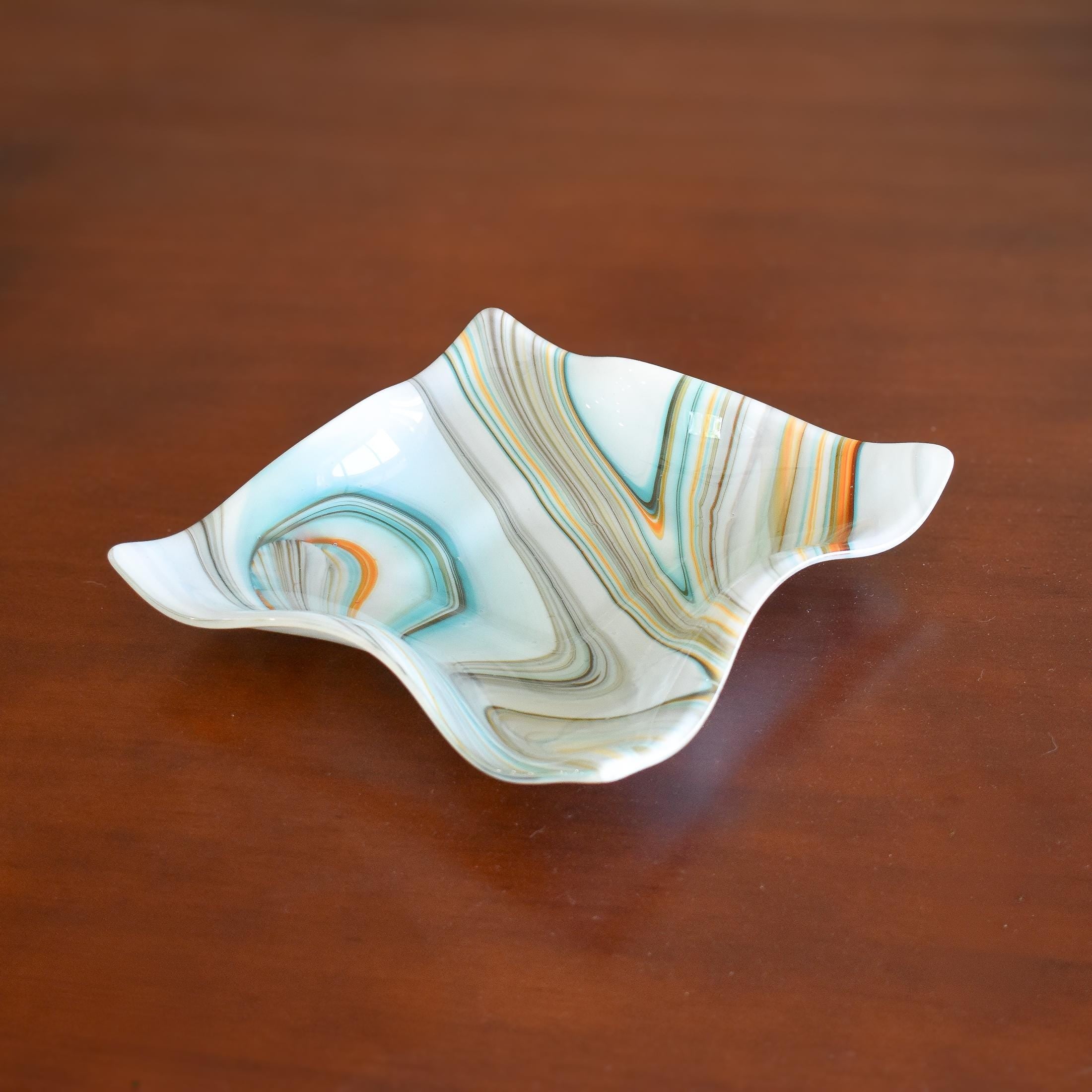 Large Wave Edge Bowl with Foot - Southwestern Style Swirls - 10" Square