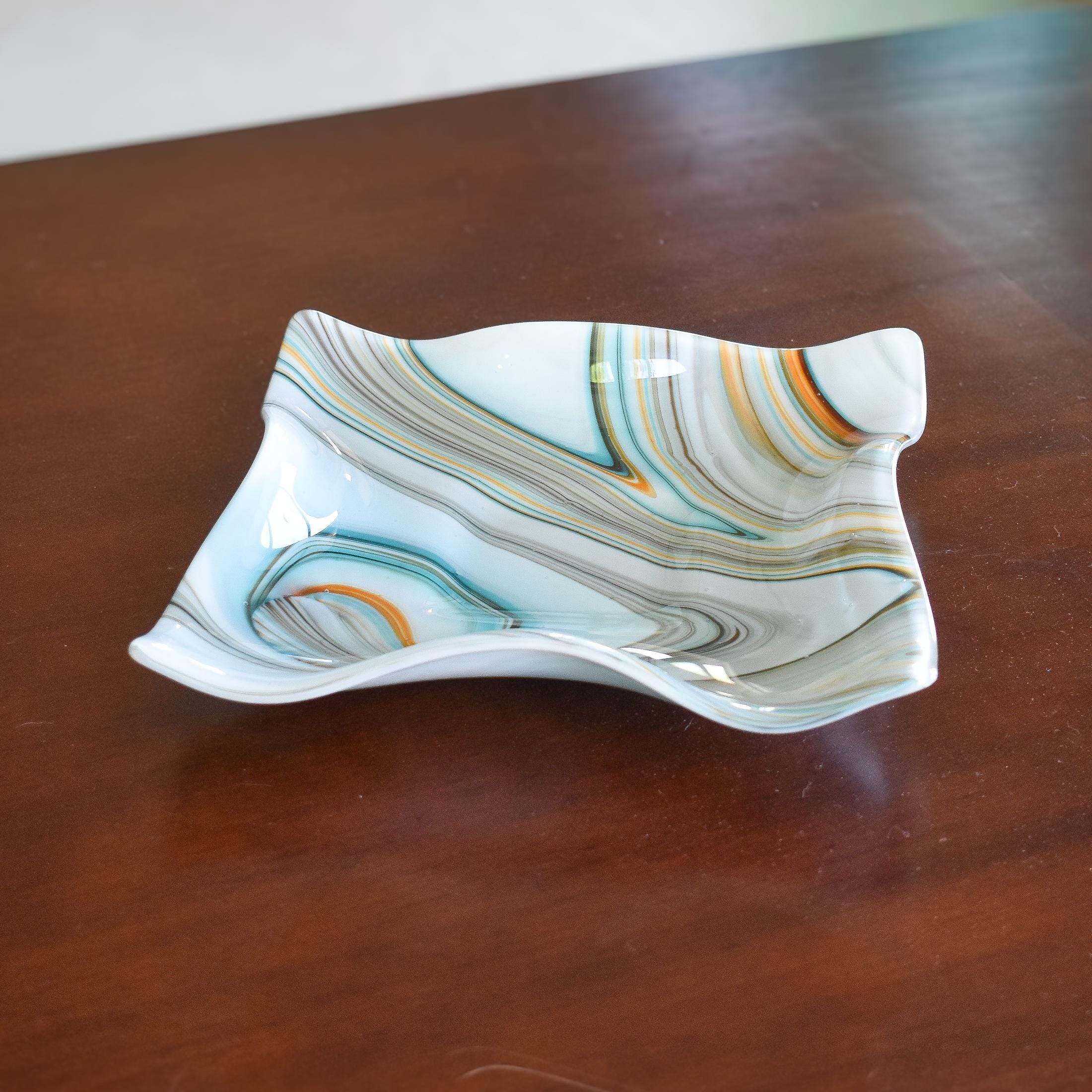Large Wave Edge Bowl with Foot - Southwestern Style Swirls - 10" Square