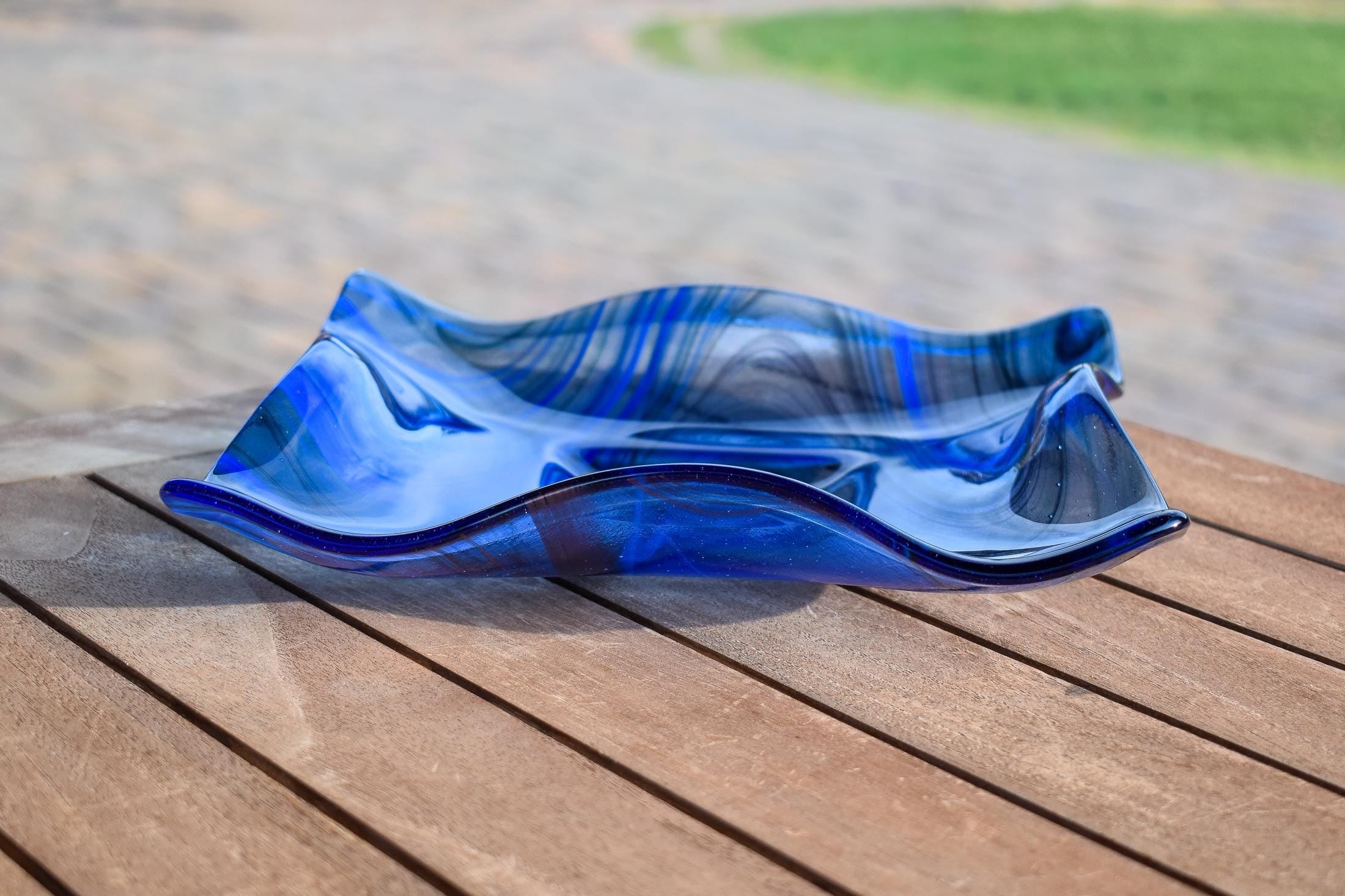 Large Wave Edge Bowl with Foot - Transparent Blues Fused Glass - 10" Square