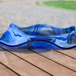 Large Wave Edge Bowl with Foot - Transparent Blues Fused Glass - 10" Square